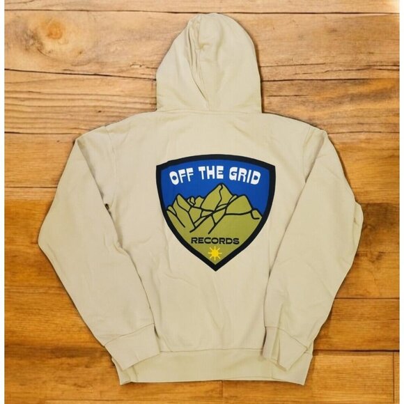 Off The Grid Records Hoodie Men's Size M Beige Big Back Logo Heavyweight New - Picture 1 of 9
